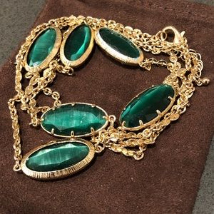 Green crystal, gold, long hanging necklace